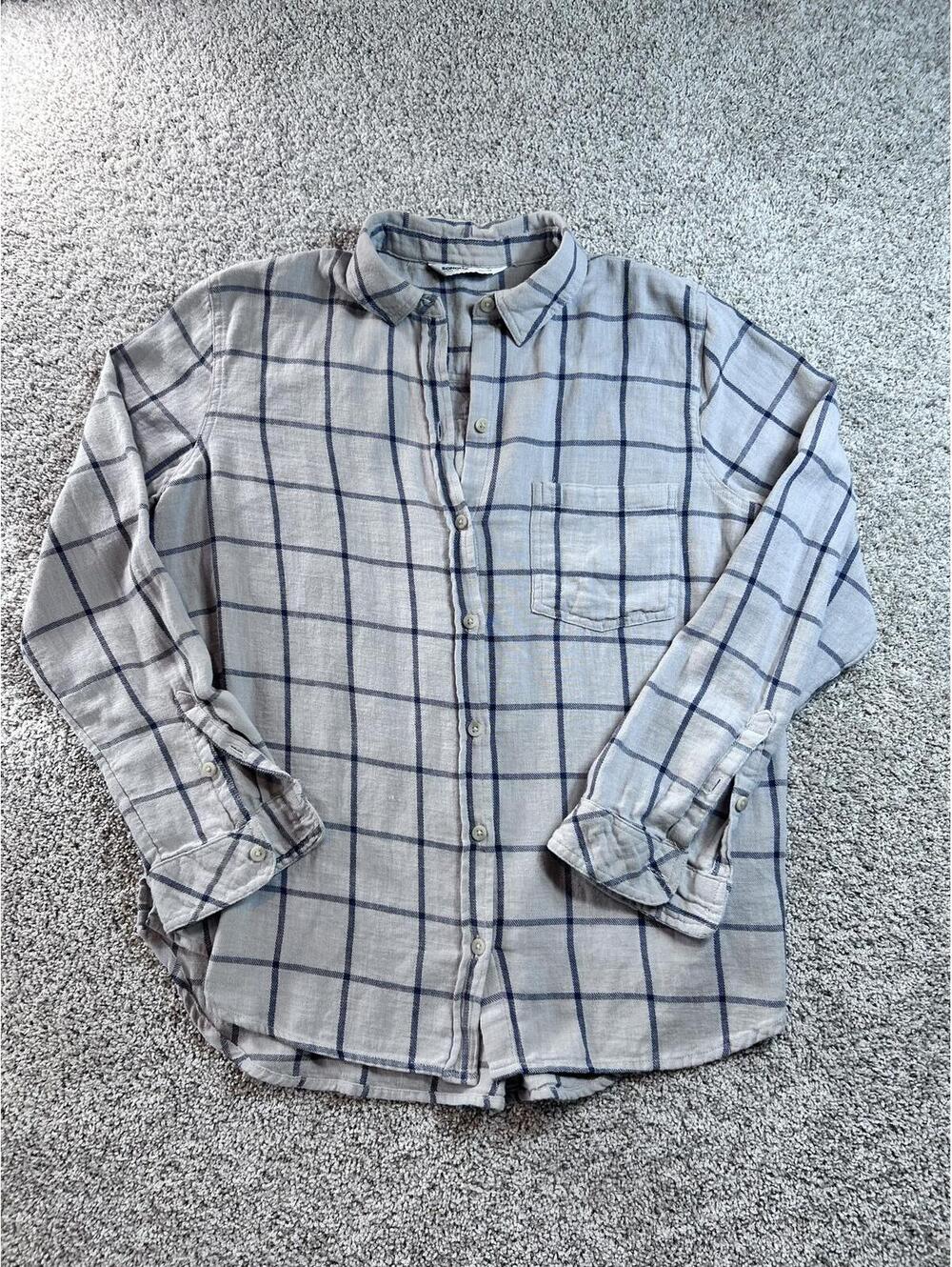 Sonoma Medium Gray and Navy Plaid Button-Up Shirt